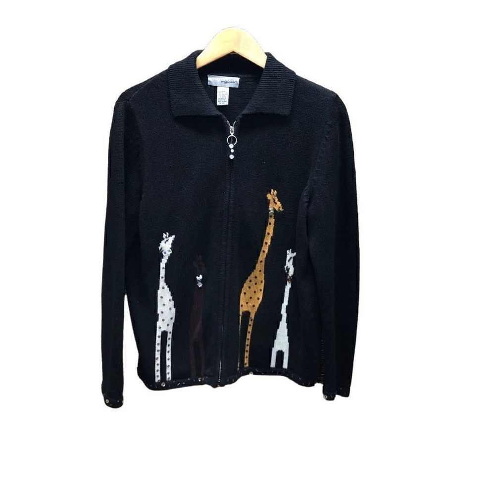 Designers Originals Black Zip-Front Sweater with Giraffe Motif